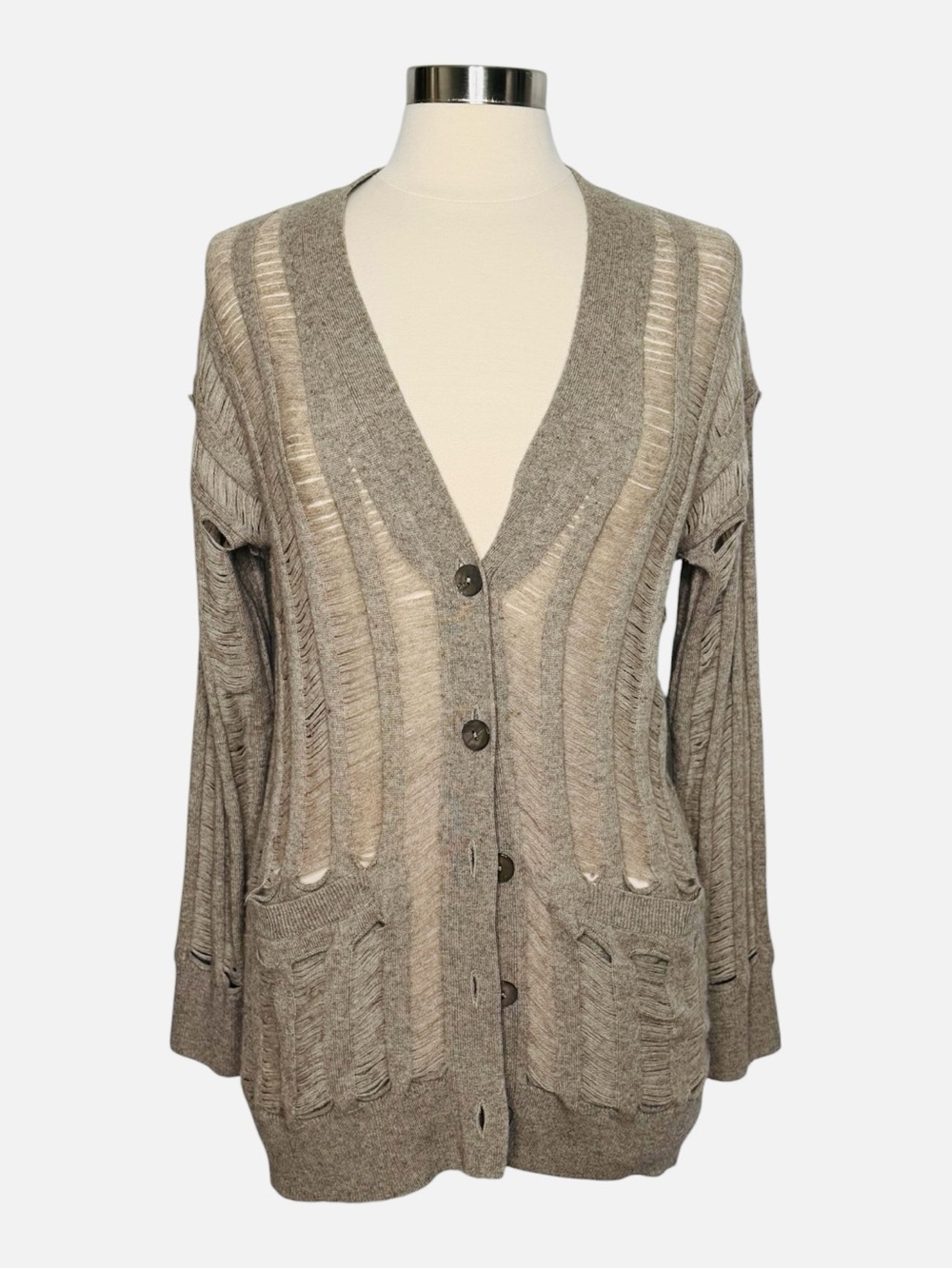 360 Cashmere Open Weave Distressed V Neck Cardigan Wool Cashmere Small
